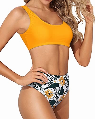 High Waisted Bathing Suit For Long Torso Two Piece Scoop Neck Bikini-Yellow Floral