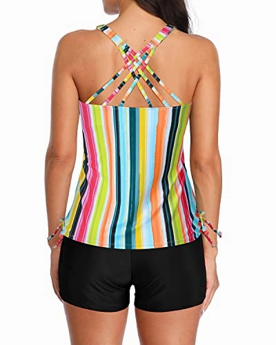 High Waisted Boyshorts Tummy Control Tankini For Women-Colorful Stripes