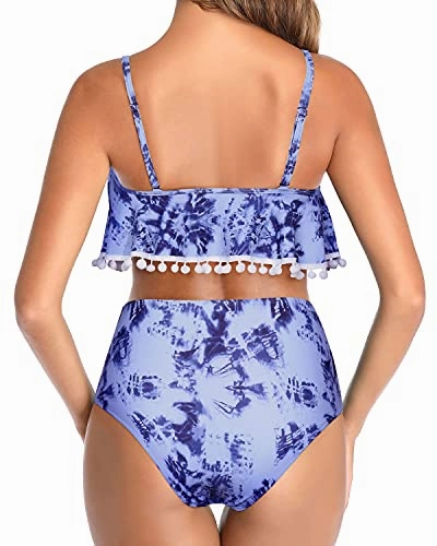 High Waisted Ruffle Trim Two Piece Bikini Swimsuit-Blue Tie Dye
