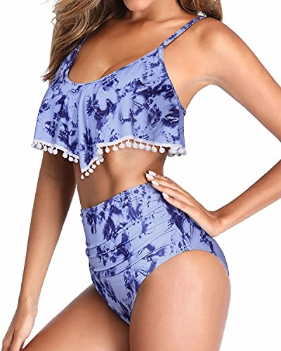 High Waisted Ruffle Trim Two Piece Bikini Swimsuit-Blue Tie Dye