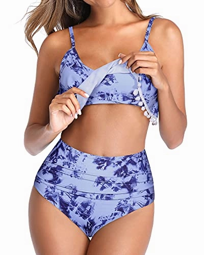 High Waisted Ruffle Trim Two Piece Bikini Swimsuit-Blue Tie Dye