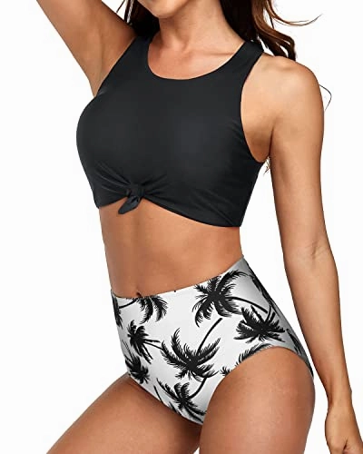 High Waisted Two Piece Bikini Sets Sporty Two Piece Swimsuits-Black Palm Tree