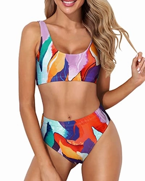 High Waisted Two Piece Swimsuit Crop Top High Cut Swimsuit-Colorful