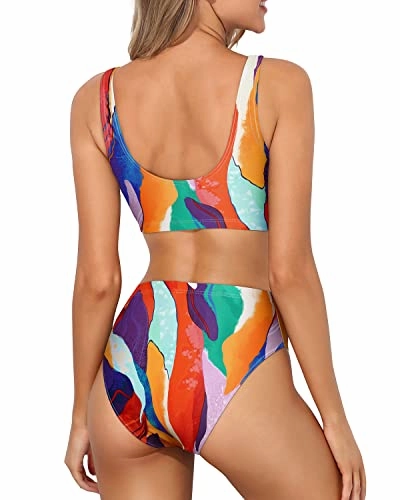 High Waisted Two Piece Swimsuit Crop Top High Cut Swimsuit-Colorful