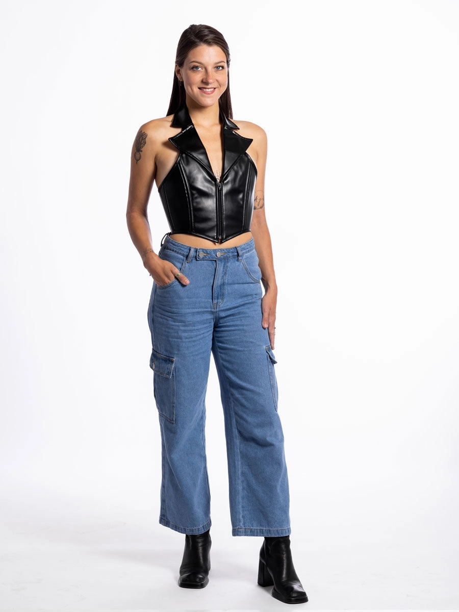 Keira Faux Leather Halter Corset Top