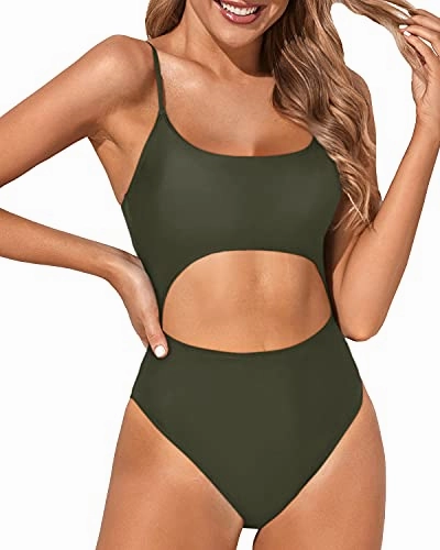 Lace-Up Adjustable Spaghetti Straps One Piece Swimsuits-Army Green