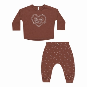 Long Sleeve Tee   Pant Set - Posey Heart - Brick - FINAL SALE