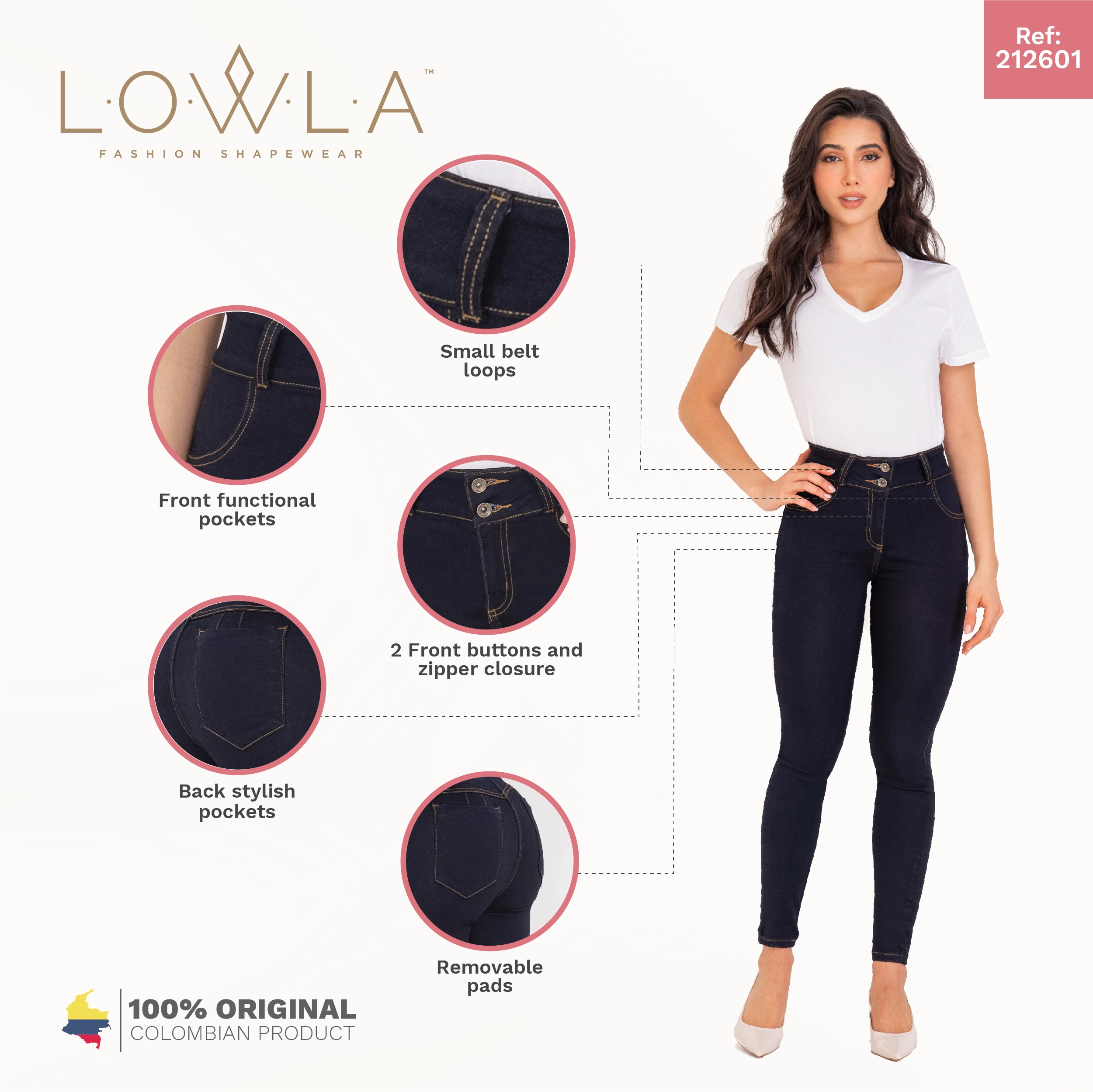 LOWLA 212601 | High Rise Butt Lift Skinny Colombian Jeans Colombianos with Removable Pads