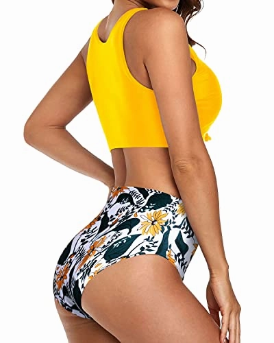 Modest High Neck Bikini Sporty Two Piece Swimsuits-Yellow Floral