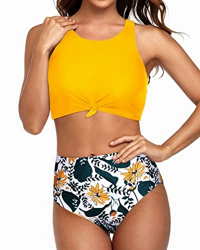 Modest High Neck Bikini Sporty Two Piece Swimsuits-Yellow Floral