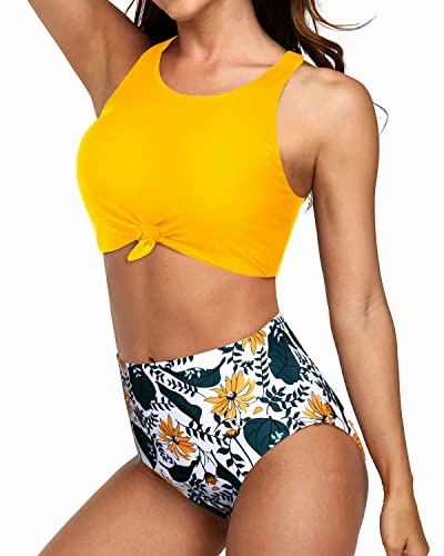 Modest High Neck Bikini Sporty Two Piece Swimsuits-Yellow Floral