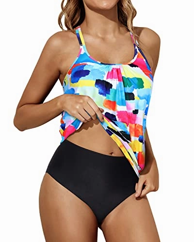 Modest Loose Fit Scoop Neck Tankini Bathing Suit-Color Block