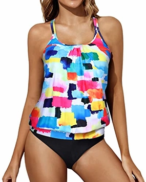 Modest Loose Fit Scoop Neck Tankini Bathing Suit-Color Block