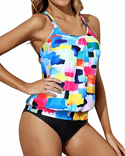 Modest Loose Fit Scoop Neck Tankini Bathing Suit-Color Block