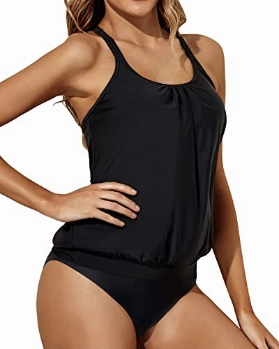 Modest Tummy Control Blouson Two Piece Tankini Swimsuits-Black
