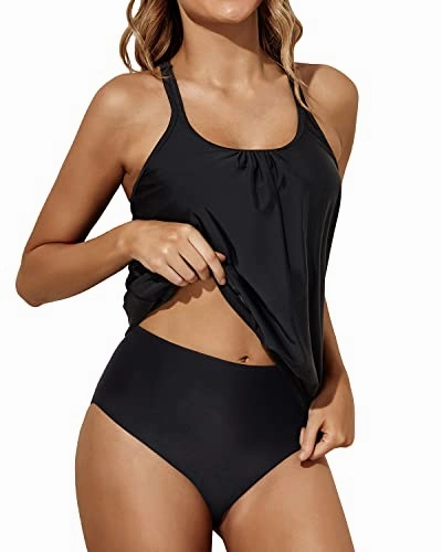 Modest Tummy Control Blouson Two Piece Tankini Swimsuits-Black