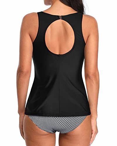 Removable Padded Bra Tankini 2 Piece Swimsuits-Black Stripe