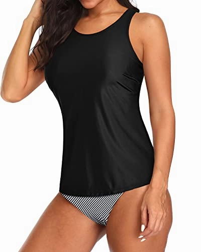 Removable Padded Bra Tankini 2 Piece Swimsuits-Black Stripe