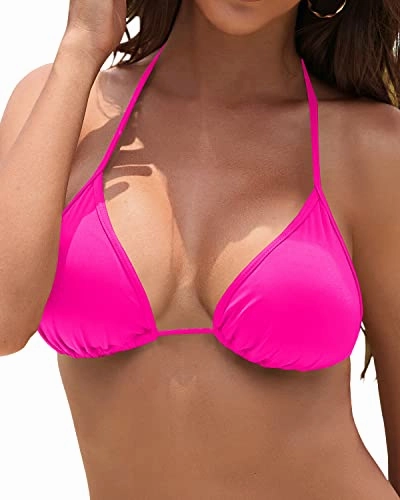 Removable Padded Halter Triangle Bikini Top String Bathing Suits Top-Neon Pink