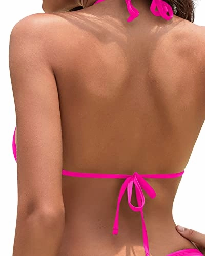 Removable Padded Halter Triangle Bikini Top String Bathing Suits Top-Neon Pink