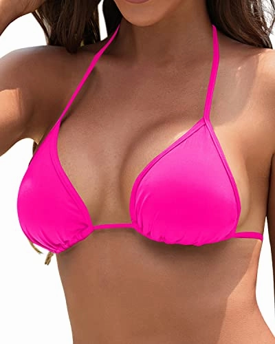 Removable Padded Halter Triangle Bikini Top String Bathing Suits Top-Neon Pink