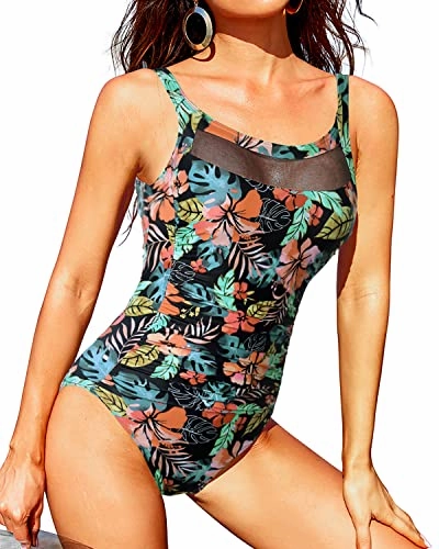 Ruched Tummy Control U Back One Piece Swimsuits-Black Red Flower