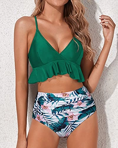Ruffle Flounce High Waisted Two Piece Swimsuits-Green Tropical Floral