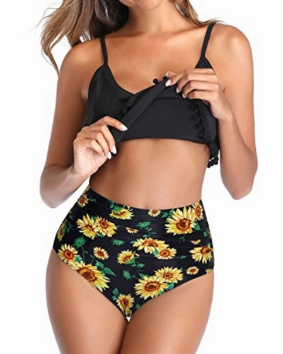 Ruffle Flounce Pom Pom Trim Two Piece Bikini Swimsuit-Black Sunflower