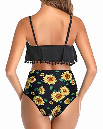 Ruffle Flounce Pom Pom Trim Two Piece Bikini Swimsuit-Black Sunflower