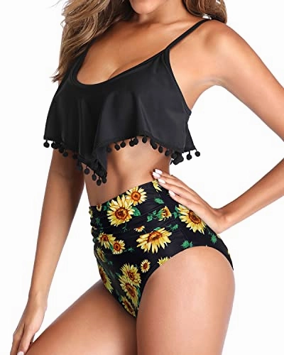 Ruffle Flounce Pom Pom Trim Two Piece Bikini Swimsuit-Black Sunflower