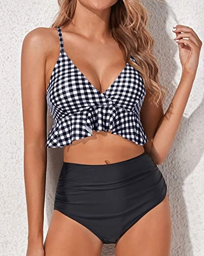 Ruffle High Waisted Bikini Ruched Tummy Control Two Piece Swimsuits-Black And White Checkered