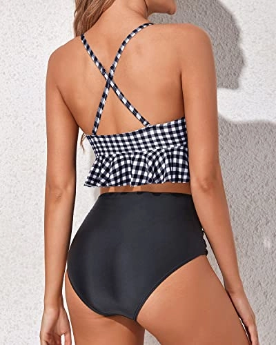 Ruffle High Waisted Bikini Ruched Tummy Control Two Piece Swimsuits-Black And White Checkered