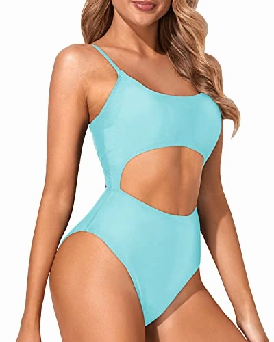 Scoop Neck High Waisted Sexy Cutout One Piece Swimsuits-Light Blue