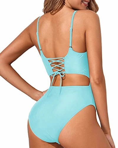 Scoop Neck High Waisted Sexy Cutout One Piece Swimsuits-Light Blue