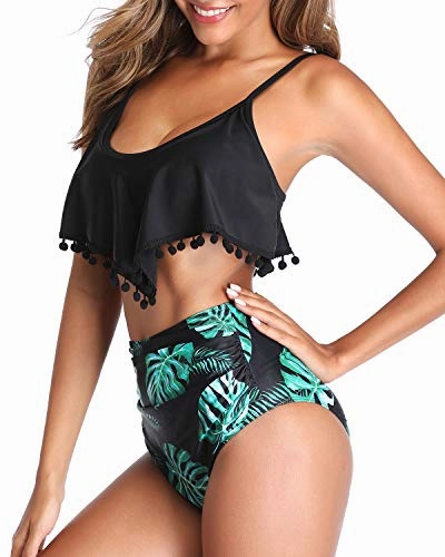 Scoop Neckline Padded Bras High Waisted Bikini-Black Leaf
