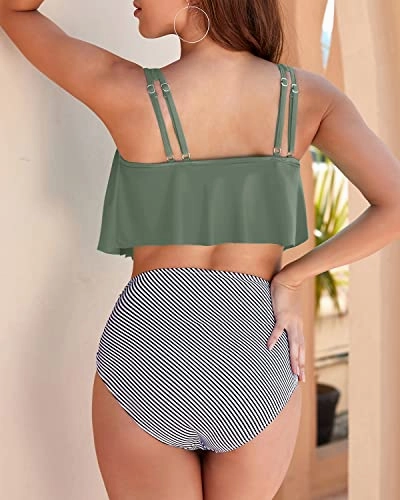 Sexy Flounce Top Halter High Waist Ruched Bikini Swimsuit-Navy Blue