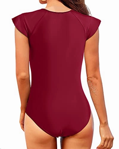 Short Sleeve High Neck One Piece Women's Rash Guard-Red
