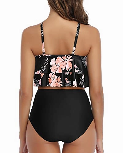 Slimming And Alluring Ruched High Waisted Bikini-Black Orange Floral