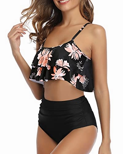 Slimming And Alluring Ruched High Waisted Bikini-Black Orange Floral