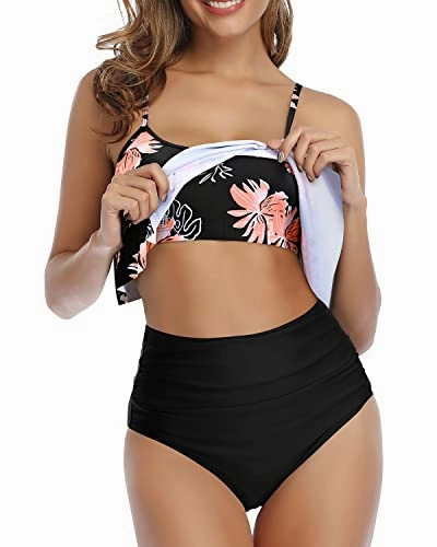 Slimming And Alluring Ruched High Waisted Bikini-Black Orange Floral