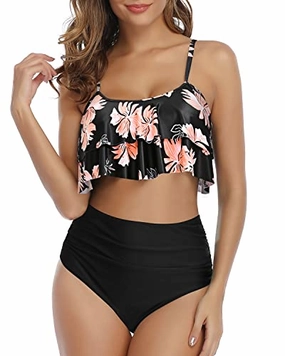 Slimming And Alluring Ruched High Waisted Bikini-Black Orange Floral