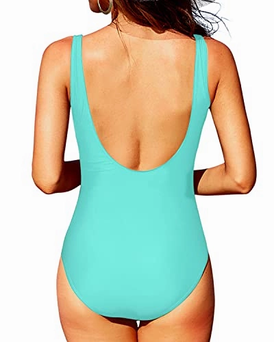 Slimming Attractive Round Neck One Piece Swimsuits-Aqua