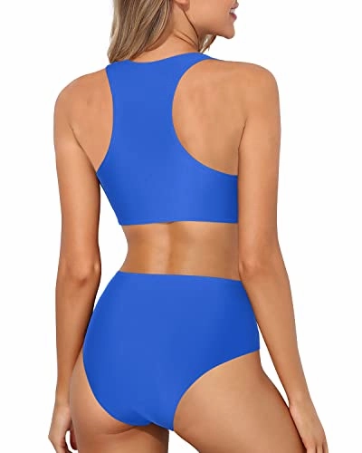Sporty High Neck Racerback Two Piece Bikini Set-Bright Royal Blue