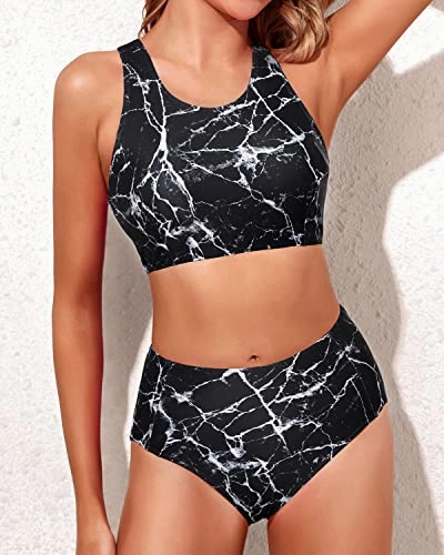 Sporty High Waisted Two Piece Bikini Swimsuits-Black Marble