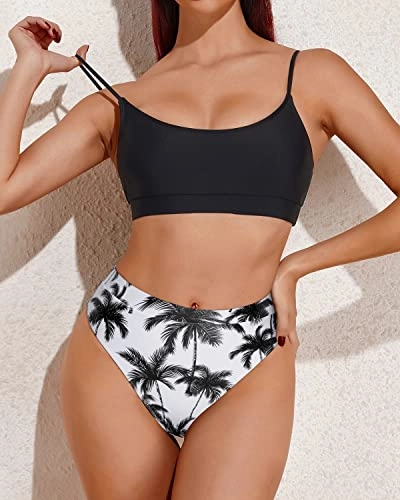 Sporty Scoop Neck Bikini Women's Two Piece High Waisted Swimsuits
