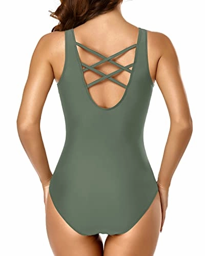 Sporty Sexy Design Tummy Control Swimsuits Racerback One Piece Swimsuits-Olive Green