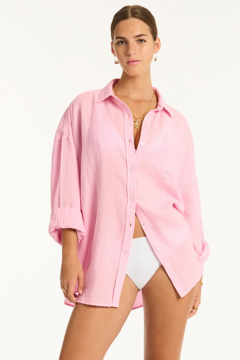 Sunset Cotton Cover Up Shirt in Pink