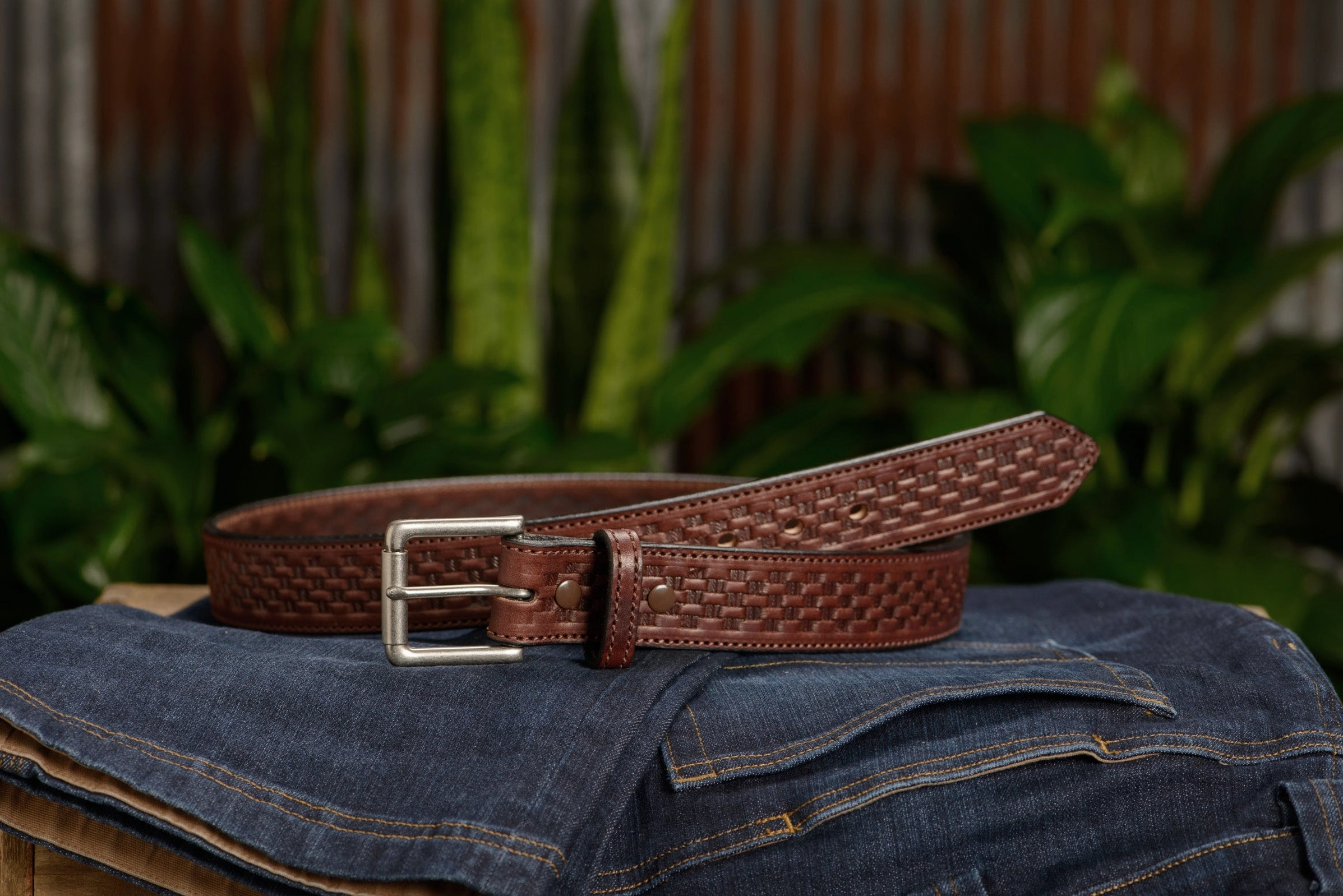 The Maverick: Brown Stitched Basket Weave 1.50"