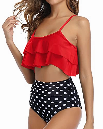 Trendy And Fashionable Ruffle High Waisted Bikini-Red Dot
