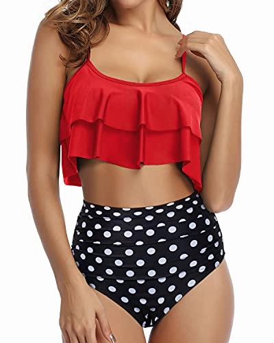Trendy And Fashionable Ruffle High Waisted Bikini-Red Dot